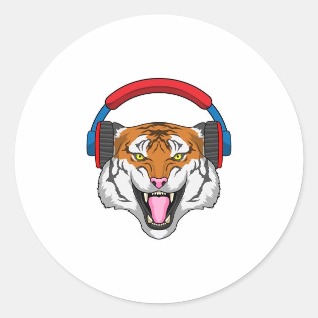 Tiger bei Musik mit Headphone Runder Aufkleber (Vorderseite)
