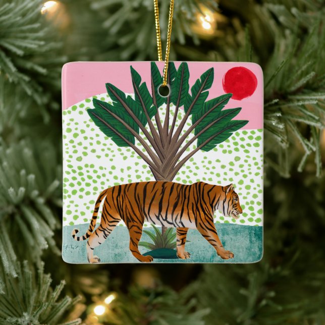 Tiger bei Sonnenuntergang Keramikornament (Baum)