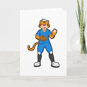 Tiger beim Baseball mit Baseballhandschuh und Mütz Karte
