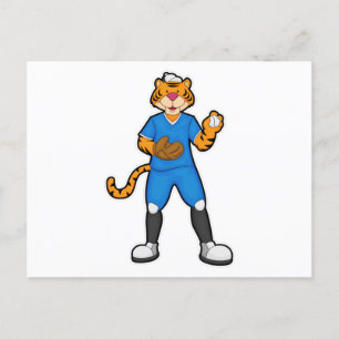 Tiger beim Baseball mit Baseballhandschuh und Mütz Postkarte