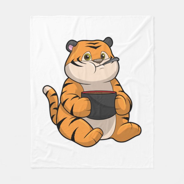 Tiger beim Essen mit Schale Fleecedecke (Vorderseite)