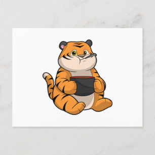 Tiger beim Essen mit Schale Postkarte