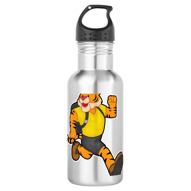 Tiger beim Laufen mit Rucksack Edelstahlflasche (Vorderseite)