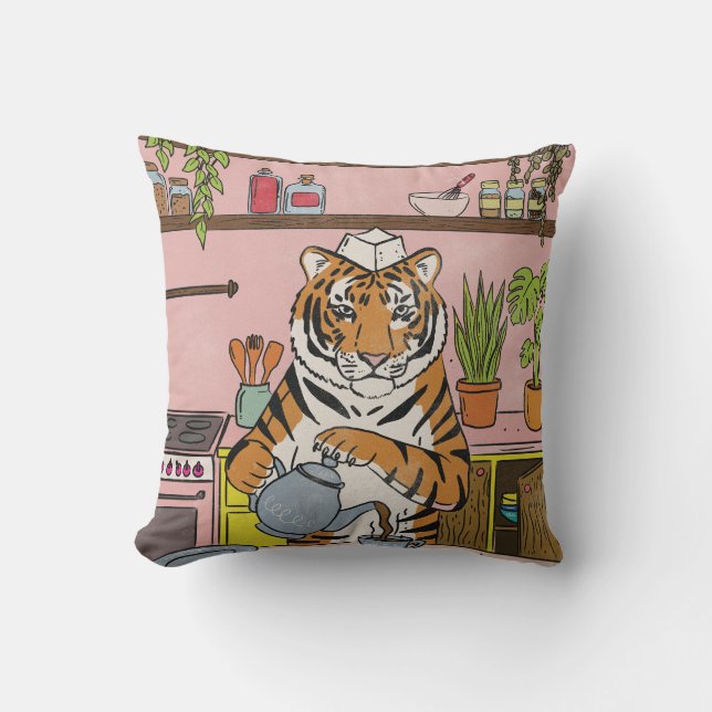 Tiger beim Teekochen Kissen (Vorderseite)