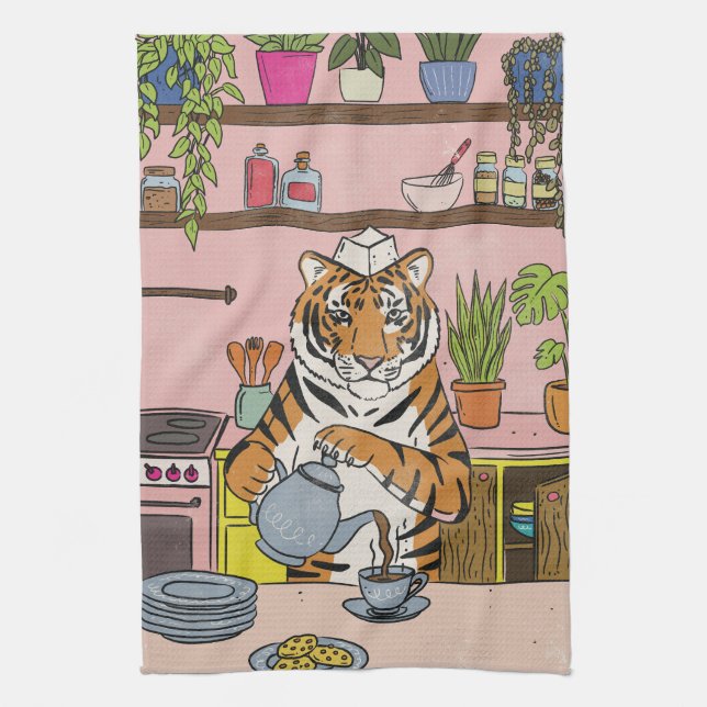 Tiger beim Teetrinken Geschirrtuch (Vertikal)