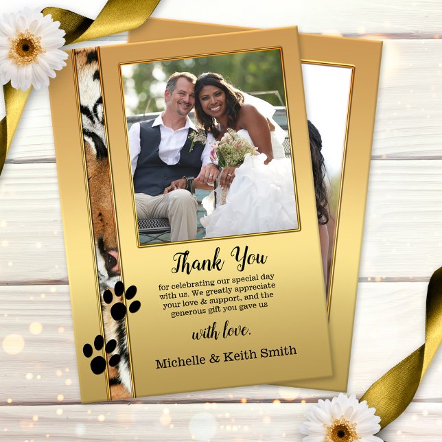 Tiger Big Cats Foto Hochzeit Danke Karte (Wedding Thank You card featuring your photo on both sides with a gold design with tiger print)