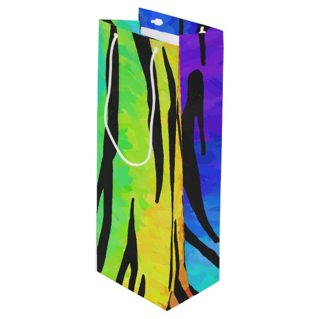 Tiger Black and Rainbow Print Geschenktüte Für Weinflaschen (Vorderseite Schrägansicht)