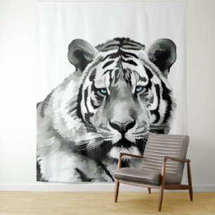Tiger Black and White Blue Augen Wandteppich