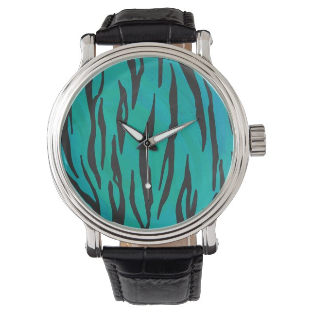 Tiger Black und Aquamarin Print Armbanduhr (Vorderseite)