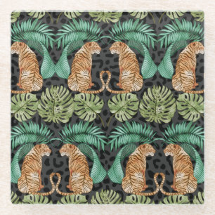 Tiger-Blätter: Wasserfarbiger Dschungel Nahtlos. Glasuntersetzer