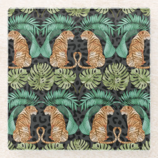 Tiger-Blätter: Wasserfarbiger Dschungel Nahtlos. Glasuntersetzer