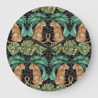 Tiger-Blätter: Wasserfarbiger Dschungel Nahtlos. Große Wanduhr