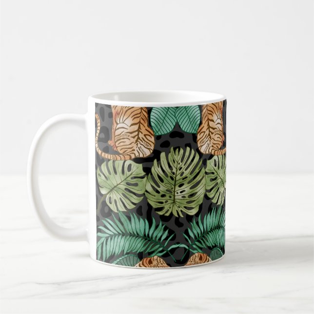 Tiger-Blätter: Wasserfarbiger Dschungel Nahtlos. Kaffeetasse (Links)