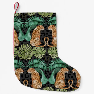 Tiger-Blätter: Wasserfarbiger Dschungel Nahtlos. Kleiner Weihnachtsstrumpf