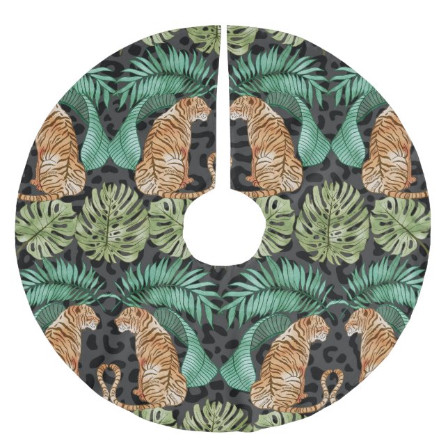 Tiger-Blätter: Wasserfarbiger Dschungel Nahtlos. Polyester Weihnachtsbaumdecke (Vorderseite)