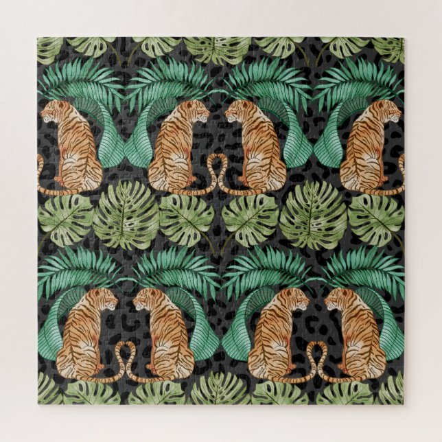 Tiger-Blätter: Wasserfarbiger Dschungel Nahtlos. Puzzle (Vertikal)