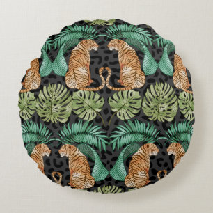Tiger-Blätter: Wasserfarbiger Dschungel Nahtlos. Rundes Kissen