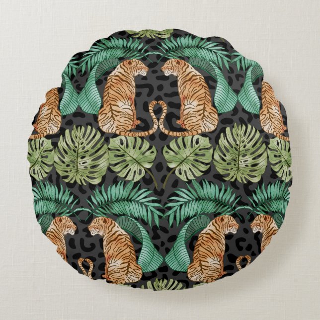 Tiger-Blätter: Wasserfarbiger Dschungel Nahtlos. Rundes Kissen (Vorderseite)