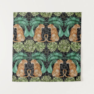 Tiger-Blätter: Wasserfarbiger Dschungel Nahtlos. Wandteppich