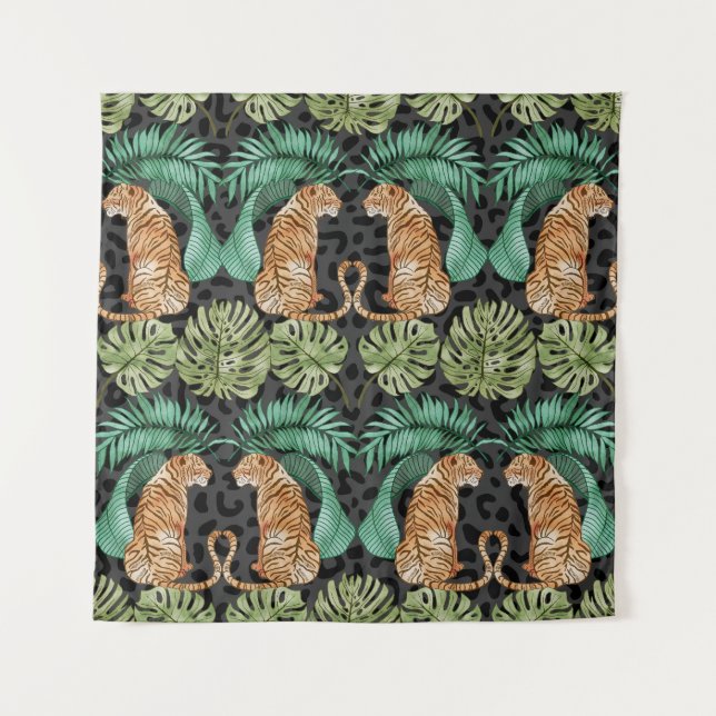 Tiger-Blätter: Wasserfarbiger Dschungel Nahtlos. Wandteppich (Vorderseite)