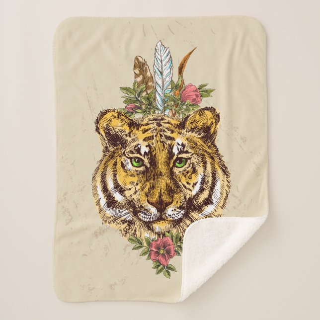 Tiger Boho Art-Porträt Sherpadecke (Vorderseite)
