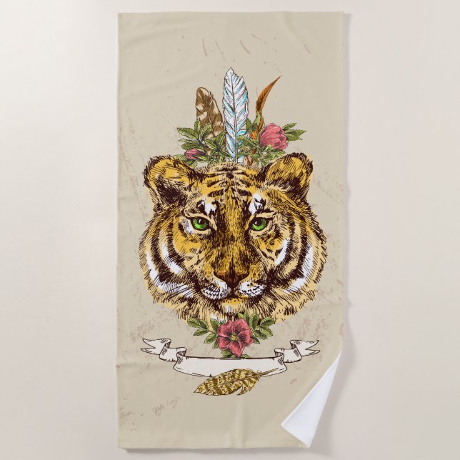 Tiger Boho Art-Porträt Strandtuch (Vorderseite)