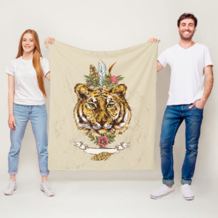 Tiger Boho Style Portrait Fleecedecke