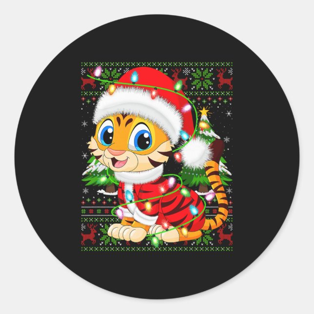 Tiger Christmas Lights Santa Costume Ugly Xmas Swe Runder Aufkleber (Vorderseite)