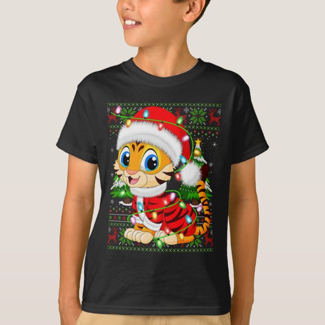 Tiger Christmas Lights Santa Costume Ugly Xmas Swe T-Shirt (Vorderseite)