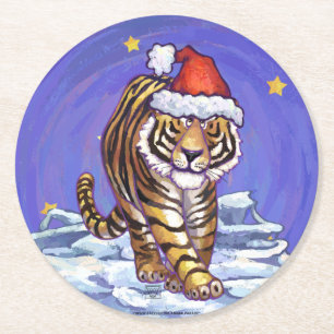 Tiger Christmas Runder Pappuntersetzer