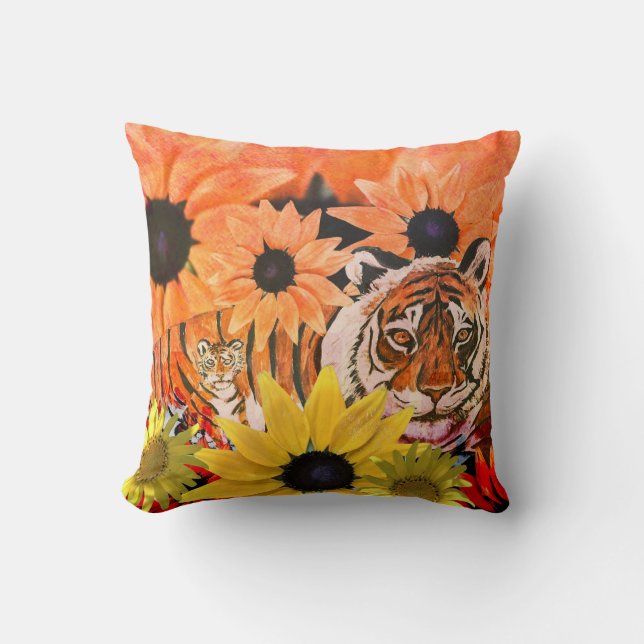 Tiger, Cub, Blume und Orangefarbene Farben Kissen (Vorderseite)