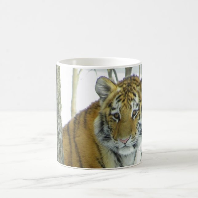 Tiger CUB im Schnee, der um Baum späht Tasse (Mittel)