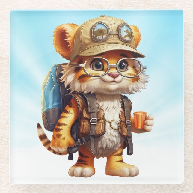 Tiger Cub mit Rucksack und Kaffee Glasuntersetzer (Vorderseite)