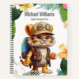 Tiger Cub mit Rucksack und Kaffee Notizbuch