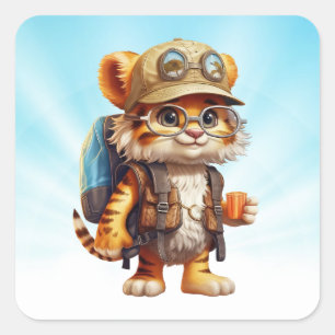 Tiger Cub mit Rucksack und Kaffee Quadratischer Aufkleber