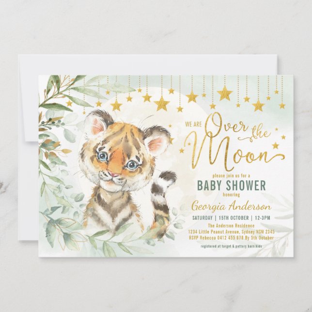 Tiger Cub Moon & Stars Greenery Baby Shower  Einladung (Vorderseite)