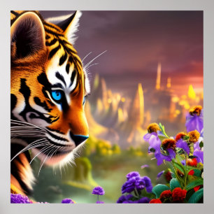 Tiger Cub, Purple Flowers Poster