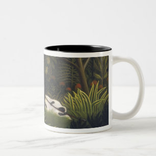 Tiger, der ein Pferd und einen schlafenden Zweifarbige Tasse