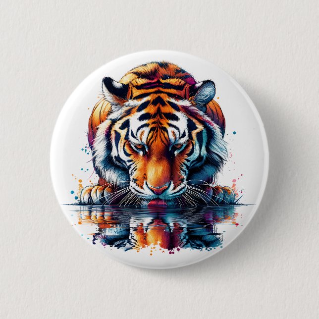 Tiger, der sich im Wasser spiegelt Button (Vorderseite)
