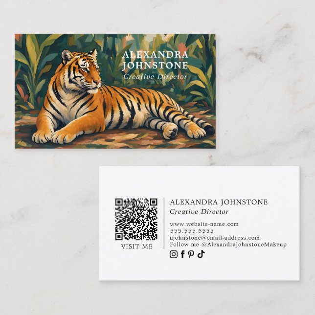 Tiger Dschungel Kunst QR Code Visitenkarte (Vorne/Hinten)