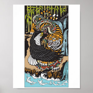 Tiger, Eagle and Snake fighting. Graphic art Poster