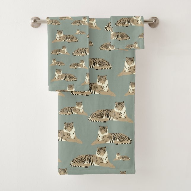 Tiger Exotic Animal Pattern Sage Green Badhandtuch Set (Insitu)