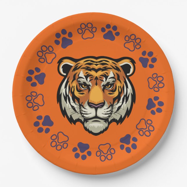 Tiger Face Paper Party Teller Orange & Blue (Vorderseite)