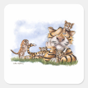 Tiger-Familien-Cartoon Quadratischer Aufkleber