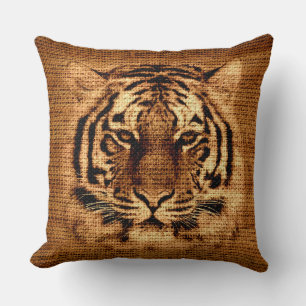 Tiger-Feinbild auf Burlap-Rohjute Kissen