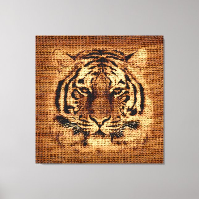 Tiger Fine Art on Burlap Rustic Jute Leinwanddruck (Vorderseite)