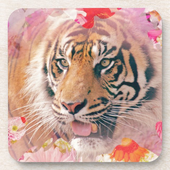 Tiger Floral Spritzer Digitale Kunst Getränkeuntersetzer (Vorderseite)
