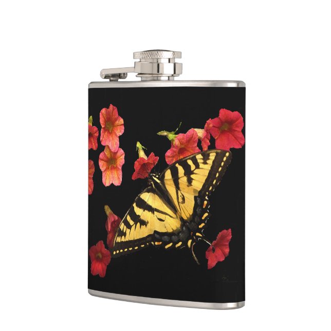 Tiger Frack Butterfly auf Roten Blume Flachmann (Links)