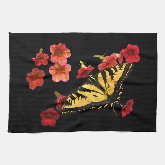 Tiger Frack Butterfly auf Roten Blume Geschirrtuch (Horizontal)