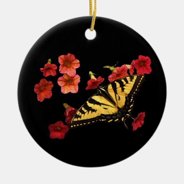 Tiger-Frack-Schmetterling auf roten Blumen Keramikornament (Vorne)